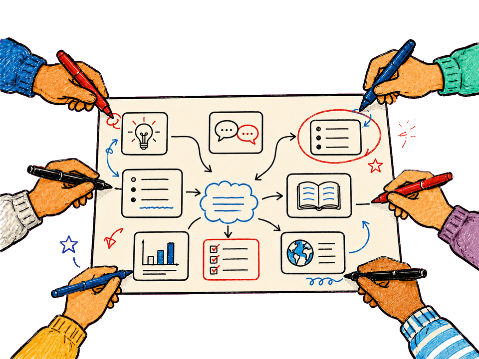 Many hands holding colored pens annotate a study sheet covered in diagrams, charts, and icons — the community marking it up together.