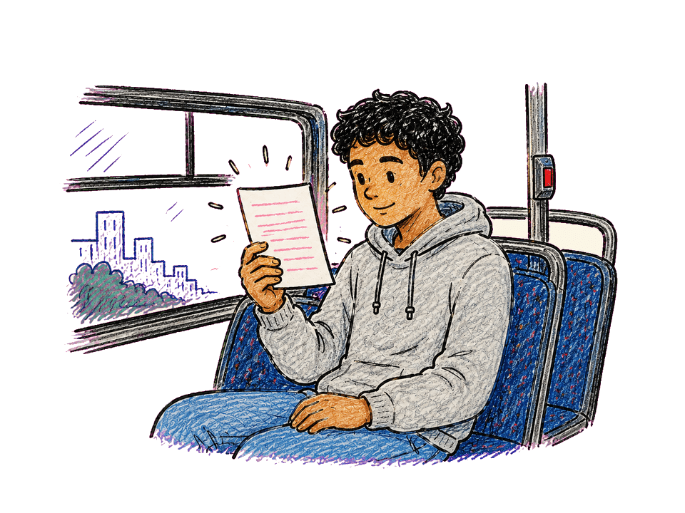 A student in a gray hoodie sits on a bus, smiling as they read a glowing HelpMe Notes study sheet, with a city skyline passing by in the window.