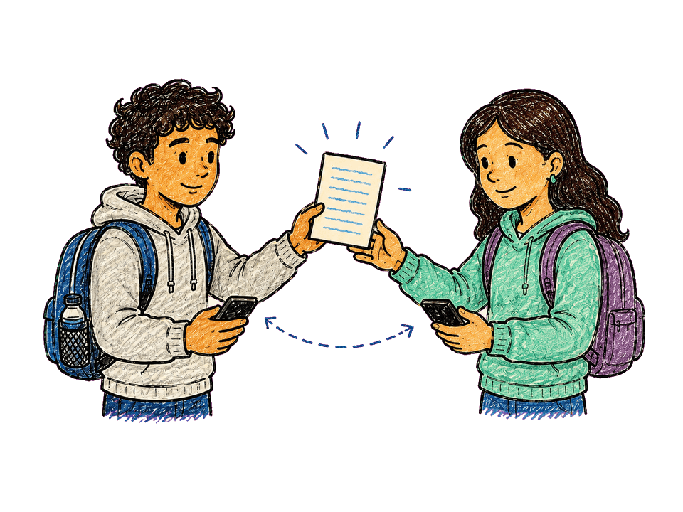 Two students with backpacks pass a glowing HelpMe Notes study sheet between them, phones in hand and a share arrow arcing between them.