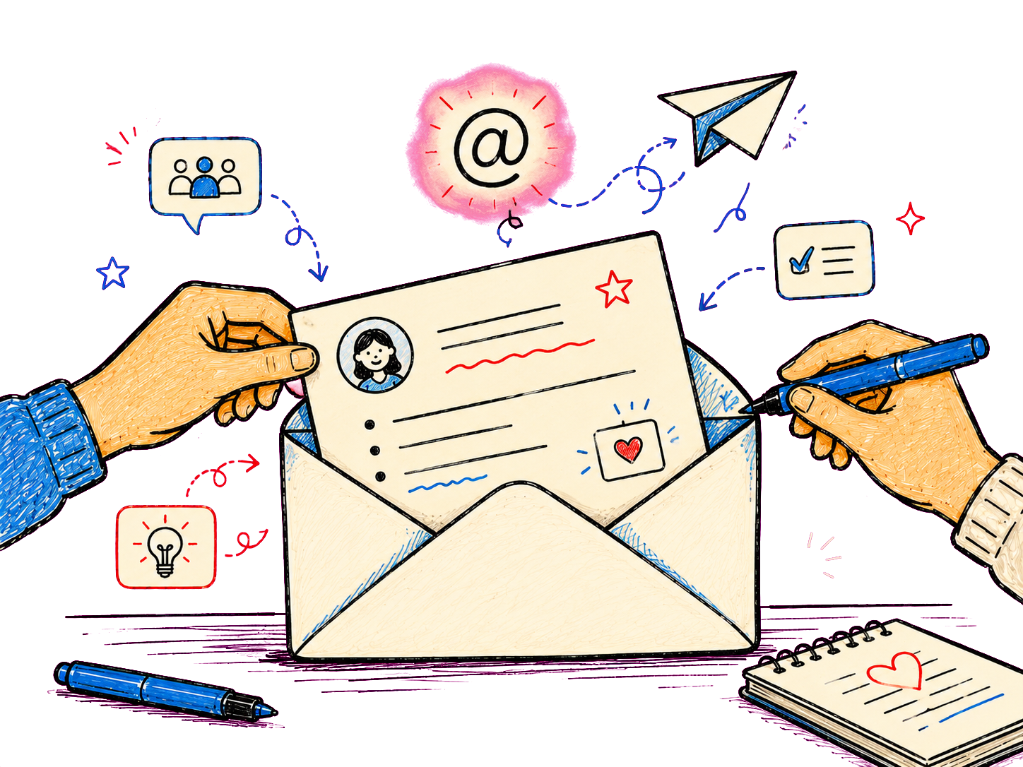 A hand-sketched paper note being slid into an open envelope, with a small paper airplane drifting upward and a glowing @ symbol in the air.