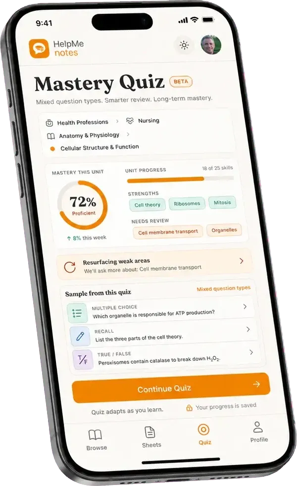 The HelpMe Notes Mastery Quiz on a phone: a unit at 72% proficient, strengths and weak areas to review, sample multiple-choice, recall and true/false questions, and a Continue Quiz button.